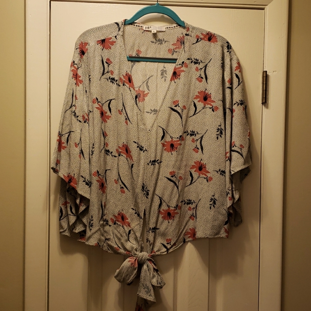 Jolt Plunge Knot FrontBoho Floral Blouse, XL